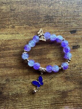 2pcs Purple Beaded Butterfly Charm Bracelet